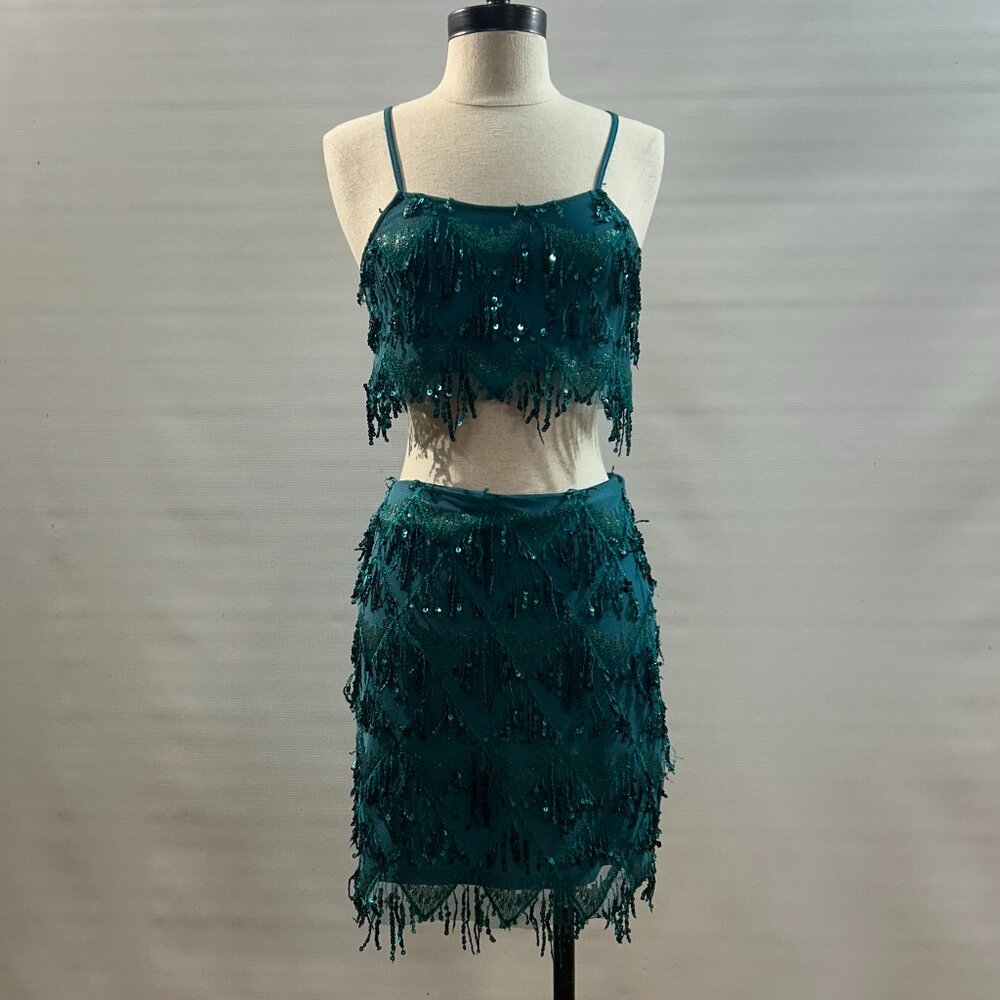 Sincerely Jules Teal Sequin Fringe Mini Skirt Set